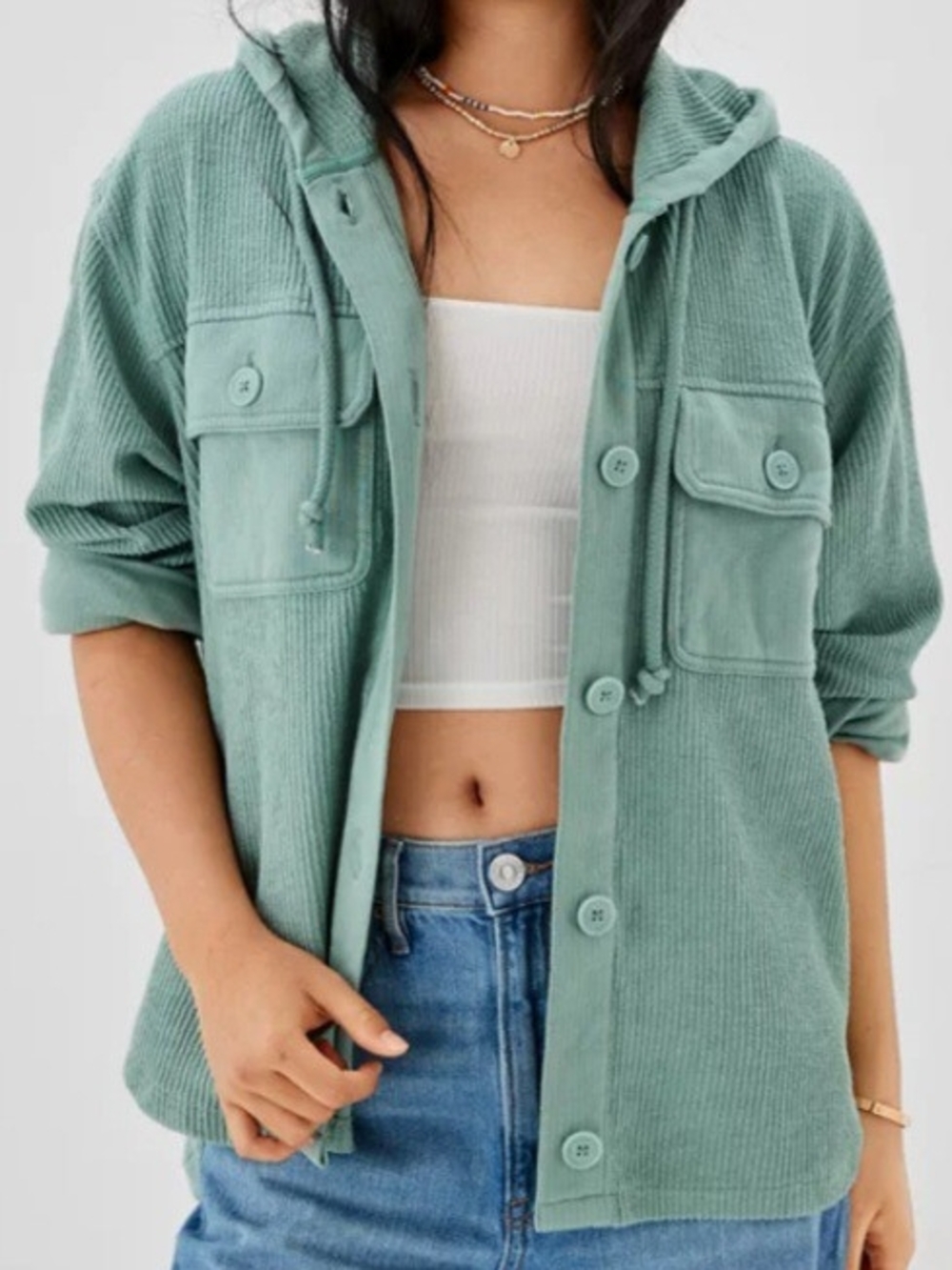 American Eagle Hooded Button-Up Shacket in Sage Green Size Large